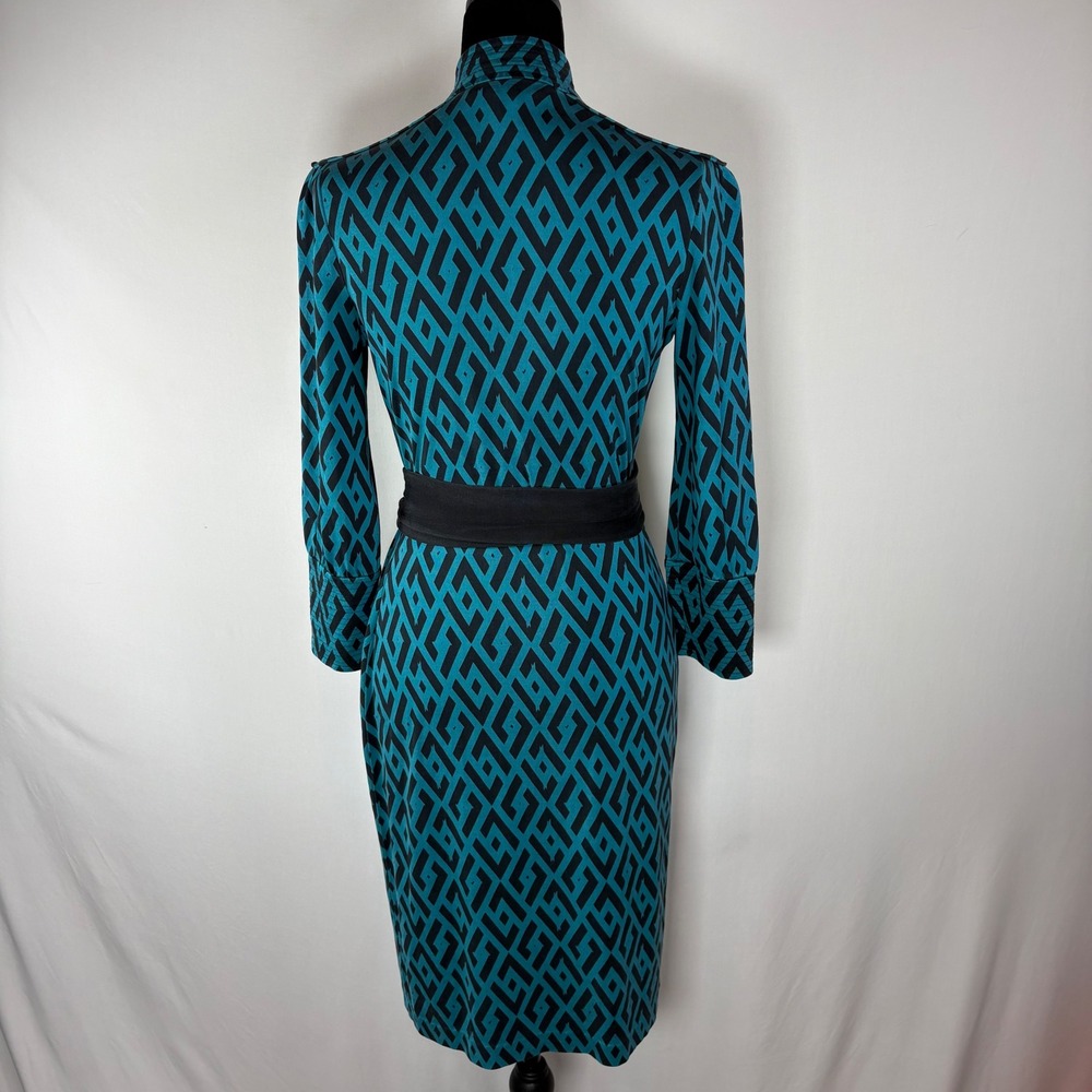 Diane von Furstenberg Tessa Wrap Dress Womens 2 Teal Geometric Silk Jersey - Picture 4 of 14